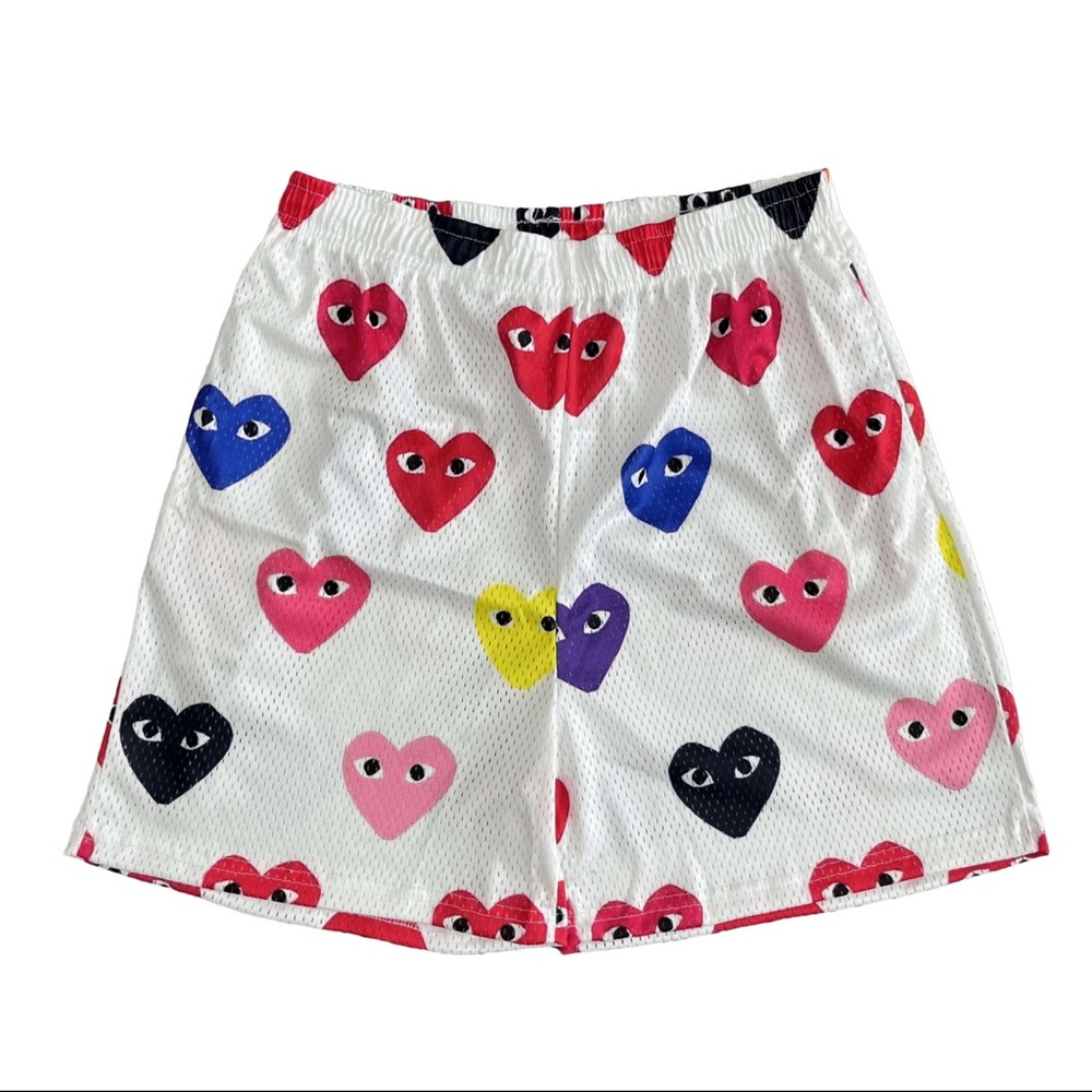 White Mesh Shorts with Multicolor Heart Faces